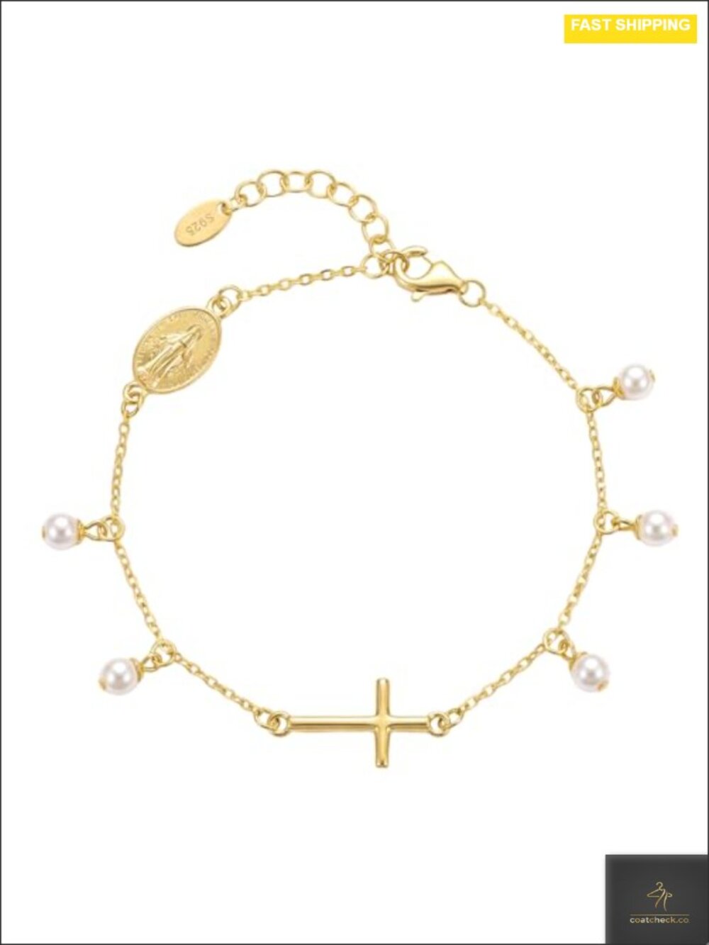 18K Gold Plated S925 Sterling Silver Cross Rosary Bracelet